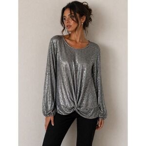 Women's Large Silver Metallic Twist Front Top Blouse Draped Shimmer Party